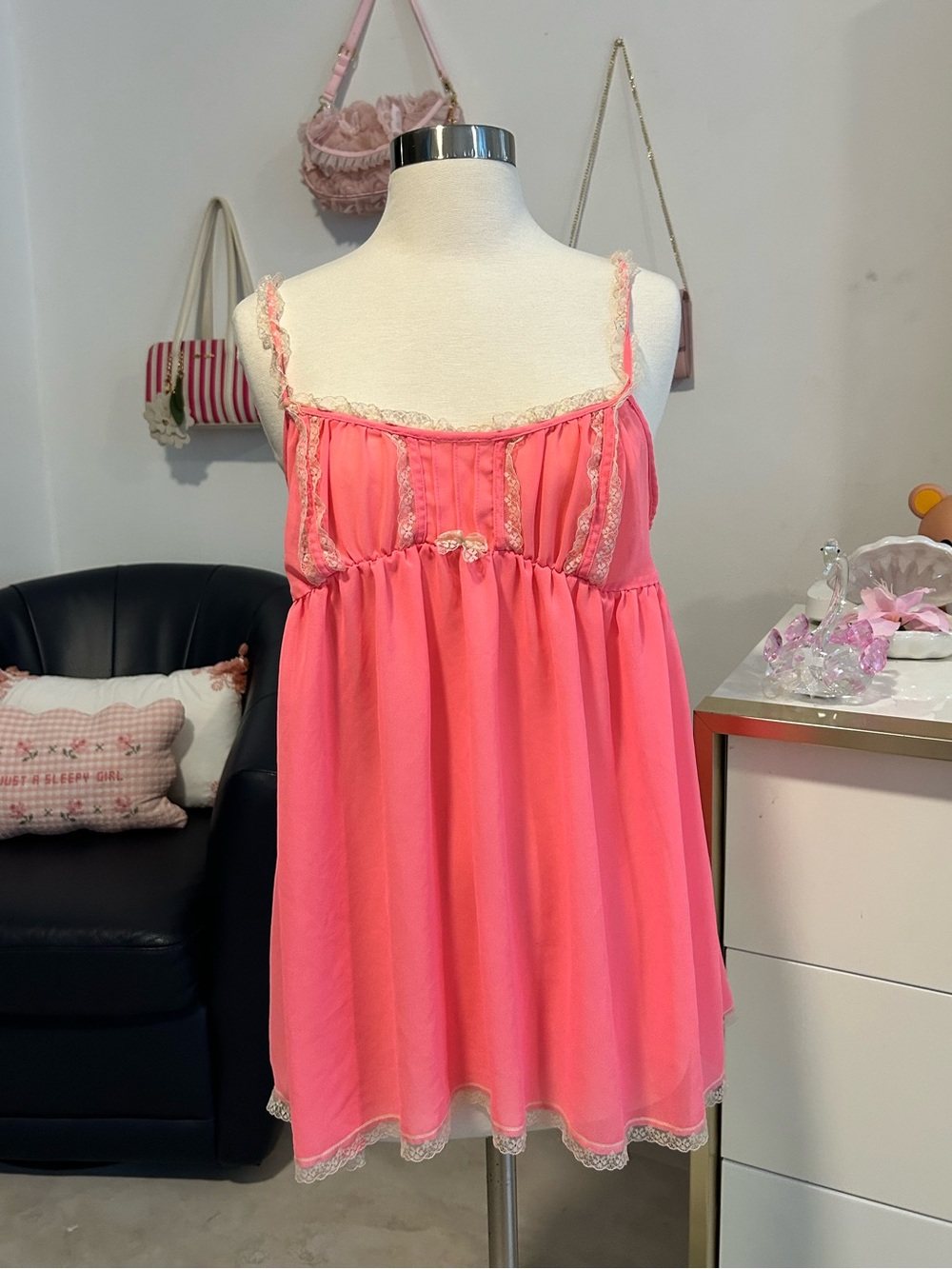 Victorias Secret Vintage Y2K Lace-Trim Pink Babydoll Nightdress